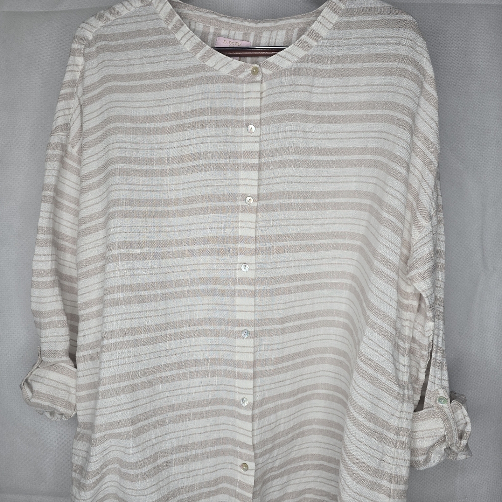 St Tropez West 100% Linen Shirt Striped Button Up Roll Tab Sleeve XL